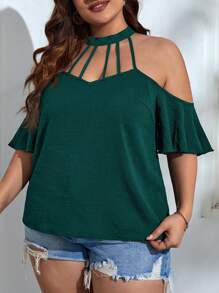 SHEIN VCAY Plus Size Vacation Casual Solid Color Cold Shoulder Halter Shirt