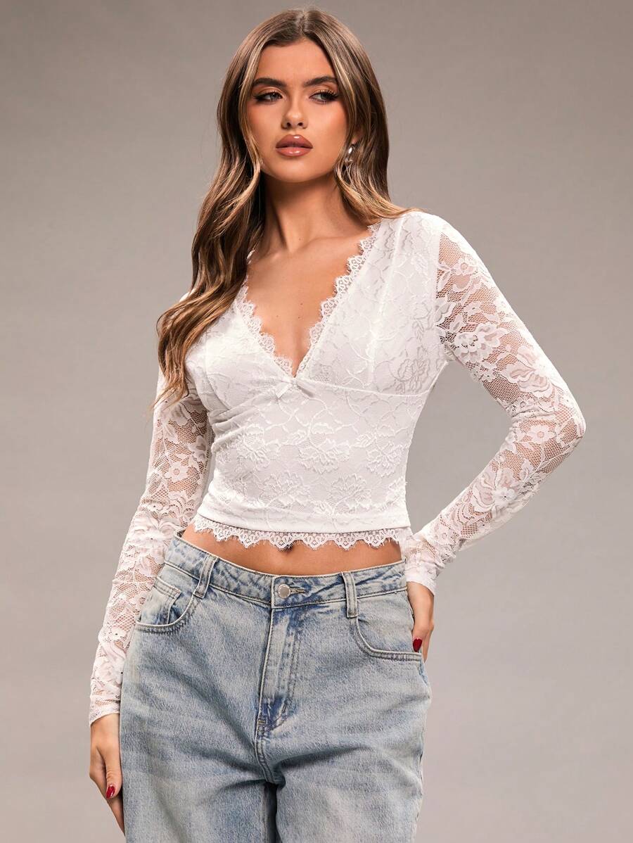 SHEIN BAE Women V-Neck Lace Patchwork Long Sleeve T-Shirt - White - View 1