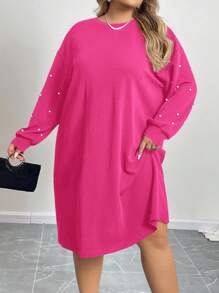 SHEIN CURVE+ 女式加大码落肩宽松黑色连衣裙 - 玫紅色 - 查看 4