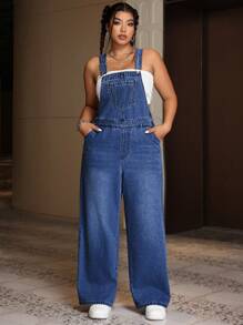 SHEIN EZwear Plus Size Loose Strap Buttoned Pocket Casual Denim Bib Pants - Medium Wash - View 1