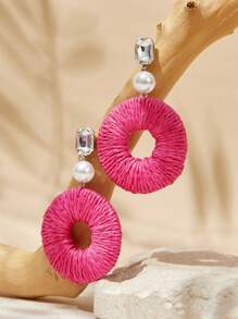 SHEIN VCAY Handmade Bohemian Raffia Dangle Earrings With Faux Pearl For Valentine's Day