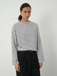 SHEIN BASICS 女士休闲条纹针织圆领长袖宽松 T 恤 - 黑與白 - 查看 3