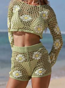 Swim Vcay Shorts de cache-maillot d'été ajourés et fleuris pour femmes