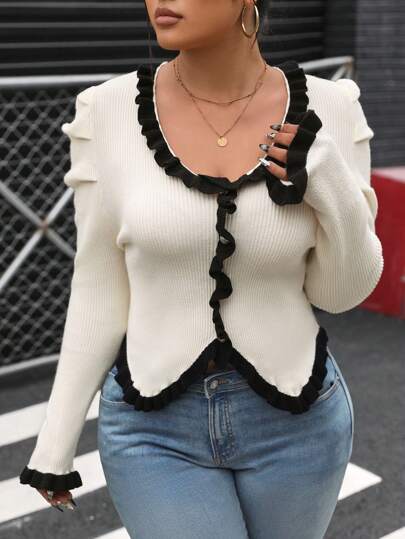 Flirla Plus Size Colorblock Frill Trim Knit Sweater, Casual For Autumn/Winter Knit Pullover Fall Sweater