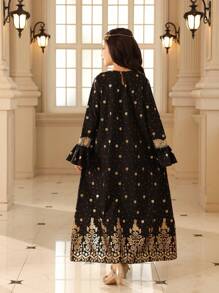 Tween Girls V-Neck Long Sleeve Graphic Detail Minimalist Long Dress - Black - View 2