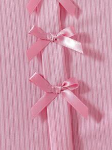 SHEIN 女宝宝可爱蝴蝶结上衣和条纹裙子 2 件套 - 粉色 - 查看 3