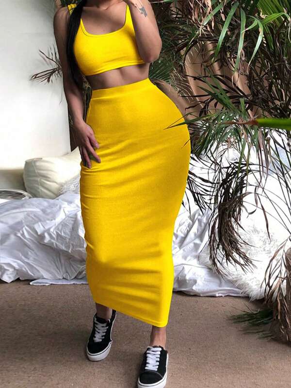 Zolique Women Solid Color Cropped Tank Top And Fitted Skirt 2Pcs Set