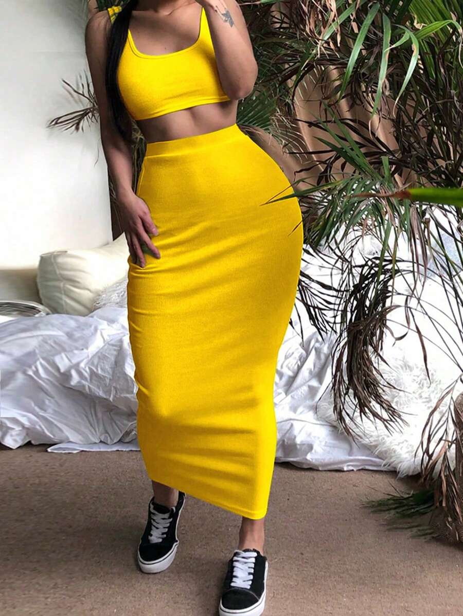 Zolique Women Solid Color Cropped Tank Top And Fitted Skirt 2Pcs Set - Yellow - View 1