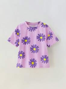 Maija Kids Maija Kids 2pcs/Set Young Girl Loose Casual Floral Print Round Neck Short Sleeve Top And Shorts Set - Purple - View 4