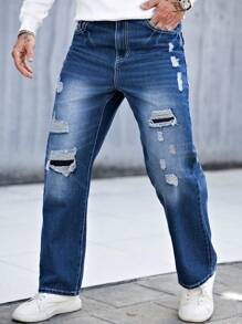 Manfinity Homme Pantalones vaqueros casuales rasgados con bolsillo simples para hombre