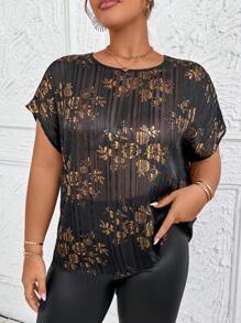 SHEIN Clasi Plus Size Women's Round Neck Raglan Sleeve Jacquard Foil Printed Blouse For Summer - Multicolor - View 4