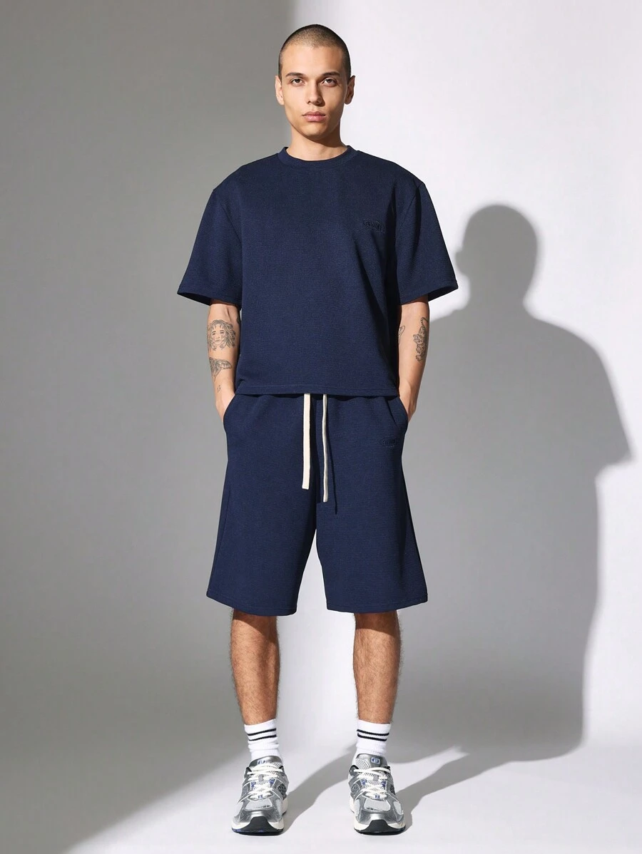 SUMWON Athleisure Co-Ord Set Ribbed Sweatshirt Short Set Premium Lounge Wear Workout Athletic Casual Summer Spring Matching Set Streetwear Comfort Coordinate - Blue - View 1