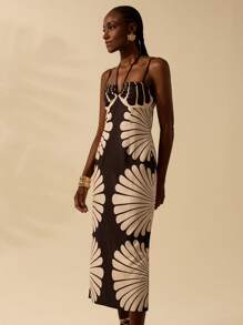 CAJUNI Women's Vacation Casual Summer Boho Shell Patterned Black And Beige Print, Spaghetti Strap Hollow Tie Up Spaghetti Strap Slit Dress - Multicolor - View 6