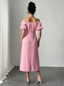 Rafferiza Vestido elegante con escote descubierto, lazo y decoración de perlas falsas