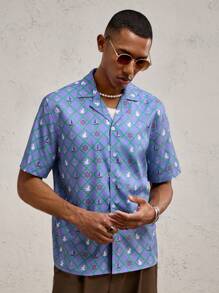 AKNOTIC Business Casual Men's Woven Patterned Print Casual Short Sleeve Shirt, Suitable For Summer