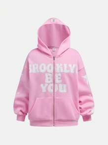 SHEIN Sudadera con capucha casual holgada con gráfico de letras para niña preadolescente