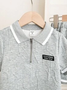 SHEIN Leap Crew 2 件装年轻男童休闲街头领拼布袖口拉链亨利衫和拼布短裤针织 2 件套 - 灰色 - 查看 3