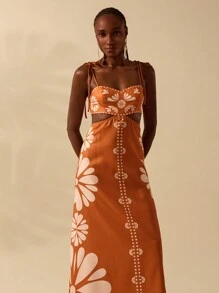 CAJUNI 女士波西米亚风热带橙色印花无袖系带露背中腰长裙，休闲度假海滩夏装 - 彩色 - 查看 8
