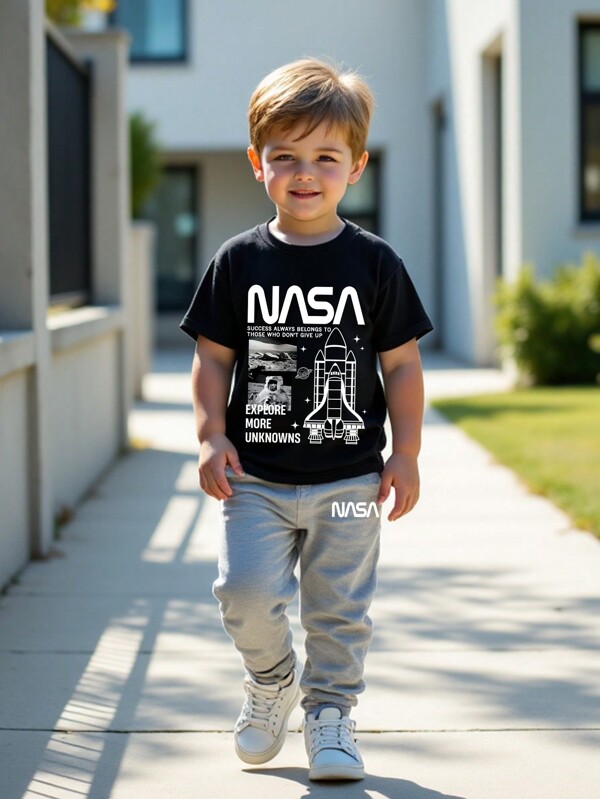 SHEIN Young Boy 2 buc. Set de top și pantaloni cu mânecă scurtă, cu gât rotund, cu litere de desene animate