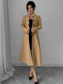 Elenzga Elegant Stand Collar Color Block Chinese Style Button Down Cinched Waist Long Thick Woolen Coat For Women, Autumn/Winter