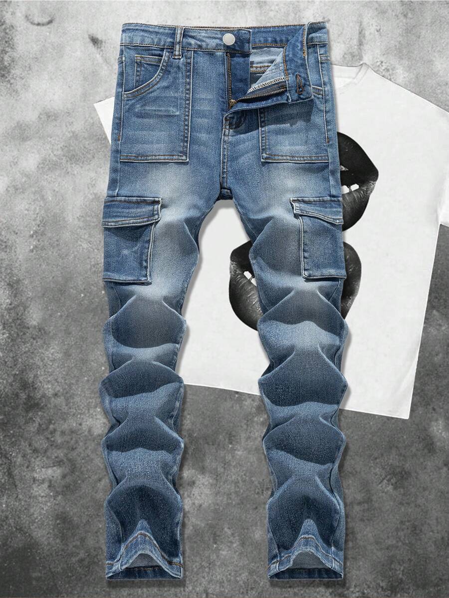 SHEIN Quần Jeans Skinny Co Giãn Thời Trang Cho Bé Trai Thường Ngày Cổ Điển Màu Xanh Denim Cargo Pocket Design Cho Bé Trai Trang Phục Hàng Ngày Và Quần Áo Trẻ Em Bốn Mùa - Màu xanh lam - Xem 1