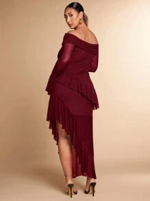 SHEIN BAE Robe longue avec une seule épaule, décoration de volant en maille tulle noire unie, fente haute, ourlet pour femmes grandes tailles au printemps, en automne et en hiver. Robe élégante et sexy, robe douce, robe romantique pour rendez-vous, robe pour la Saint-Valentin, le Nouvel An, les festivals, les fêtes
