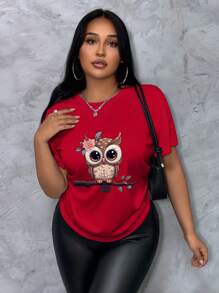 INAWLY Plus Size Round Neck Cartoon Print Short Sleeve Casual Tee