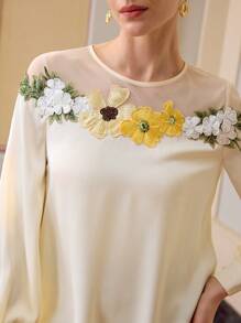 ZEYLAH CONTRAST MESH FLORAL Applique PATCHED LONG SLEEVES BLOUSE, SATIN BLOUSE,SPRING/SUMMER - Apricot - View 2