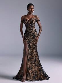 Elitara 优雅奢华露肩黑色撞色蕾丝亮片褶饰高开衩鱼尾长裙，适合婚礼、派对、舞会、活动、宴会、婚礼宾客礼服、正式礼服、晚礼服、长袍 - 黑色 - 查看 7