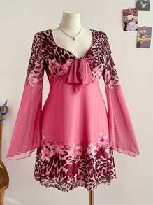Soleia Abito a campana da donna con scollo a V, stampa floreale e leopardata, con maniche a campana e laccio davanti, taglia curvy, adatto per la primavera - Multicolore - Visualizzare 4
