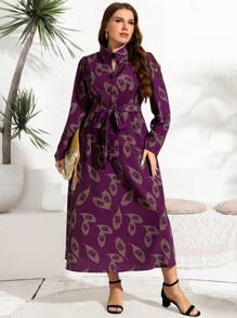 Mulvari Plus Size Casual Full Print Shirt Dress For Spring & Autumn, Elegant A Line Dresses, For Casual Daily/Travel/Work/Party