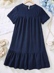 SHEIN Wildeya Vestido casual suelto y cómodo de tela texturizada rosa para niña preadolescente para vacaciones