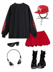 SHEIN EZwear Women's Ricing Game Day Long Sleeve Patchwork Printed Jersey T-Shirt,Couple Same Style - Black - View 2