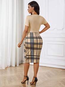 SHEIN Lady Black Shirt Collar Printed Women's Dress Zipper Design Slim Fit Women's Dress - Khaki - View 3