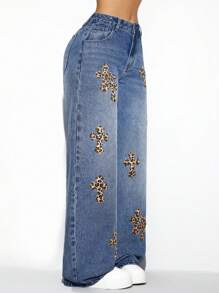 SHEIN ICON Luipaardprint Versleten Rechte Broeken Damesjeans