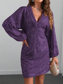 SHEIN Clasi Đầm dự tiệc ngắn hở vai cổ chữ V đính sequin vàng thu/đông cho nữ màu đỏ tía - Màu tím - Xem 1