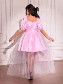 Celure Plus Size Solid Color Mesh Patchwork Front Tie Short Sleeve Simple Elegant Dress,Valentine Wedding Day Wedding Guest