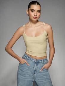 MISSGUIDED Sleeveless Cami Top Fitted Spaghetti Strap Basic Tank Essential Cropped Summer Camisole Smooth Stretch Layering Piece Vintage Y2K Style - Khaki - View 6