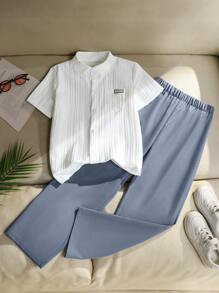 SHEIN 2 Pieces Tween Boy Textured Short Sleeve Shirt And Comfortable Casual Pants Set, Spring/Summer - Multicolor - View 3