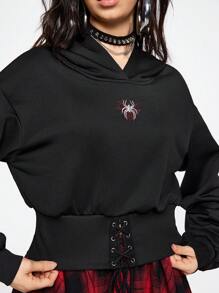 ROMWE 黑色针织短款蜘蛛网刺绣系带连帽女式卫衣，春季女装，休闲款 - 黑色 - 查看 2