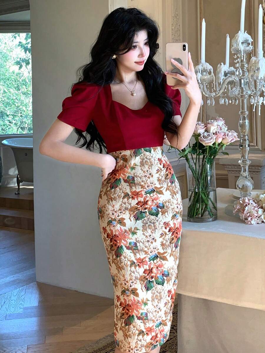DAZY 女士优雅撞色拼接泡泡袖V领中长连衣裙，夏季碎花舞会礼服，返校季复活节服装 - 紅色 - 查看 1