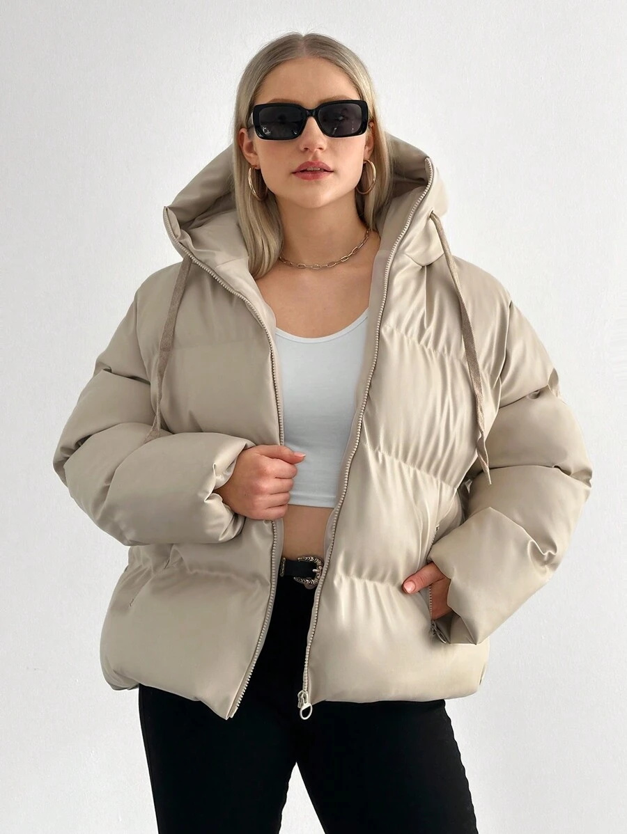 RueChic Plus Solid Zip Up Hooded Padded Coat - Apricot - View 1