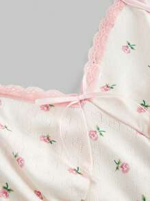 ROMWE Kawaii Cute Ditsy Floral Lace Trim & Bow Racerback Tank Top For Women - White - View 3