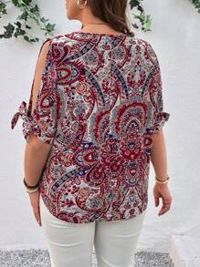 SHEIN LUNE Plus Size Full Print Tie Sleeve Blouse For Summer