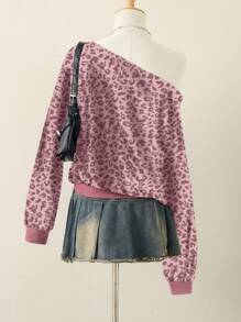 INAWLY 女士时尚不对称肩部豹纹长袖卫衣，秋冬季，毕业季，教师节，返校季套头衫 - 粉色 - 查看 2
