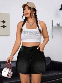 SHEIN ICON Plus Size Casual Washed High-Waist Denim Shorts - Black - View 6