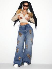 SHEIN ICON Luipaardprint Versleten Rechte Broeken Damesjeans