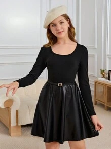 SHEIN Teen Girl Black/Autumn/Winter/Casual/U-Shaped Collar/Knitted Splicing PU/Long-Sleeved Waist Dress, For Christmas