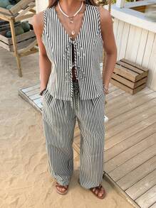 DAZY 2 件女式条纹图案系带上衣和长裤度假海滩装套装 - 黑色 - 查看 4