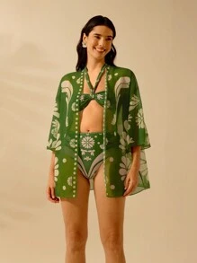 CAJUNI Women's Boho Green Tropical Print Casual Holiday Beach Swim Cover Up Kimono For Summer Beach Vacation
